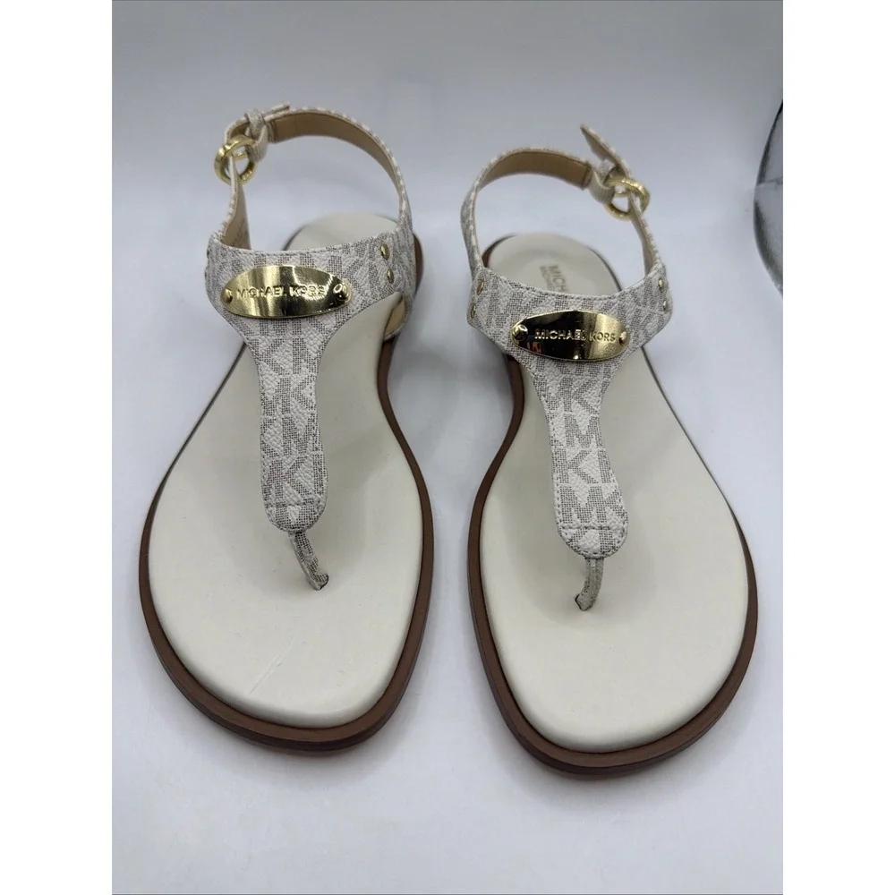 Michael Kors MK Plate Thong Sandals Women 7.5 Vanilla Mini MK Logo. New
